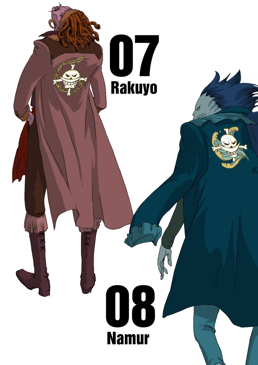 2boys back boots character_name hairlocs jolly_roger male_focus monster_boy multiple_boys namur numbered one_piece rakuyou simple_background whitebeard_pirates