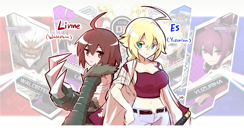 2girls absurdres ahoge back-to-back blazblue blazblue:_cross_tag_battle blonde_hair blue_eyes braid breasts brown_eyes brown_hair character_name claws coat commentary_request cosplay crop_top denim es_(xblaze) highres huge_ahoge jeans large_breasts linne_(under_night_in-birth) long_hair mechanical_arms multiple_girls navel overcoat pants sarashi single_braid sollyz under_night_in-birth waldstein_(under_night_in-birth) waldstein_(under_night_in-birth)_(cosplay) yuzuriha_(under_night_in-birth) yuzuriha_(under_night_in-birth)_(cosplay)