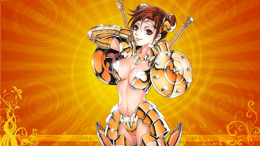 armor bikini_armor brown_eyes brown_hair cleavage double_buns libra libra_dohko oppai photoshop rule_63 saint_seiya solo tongue zettai_ryouiki