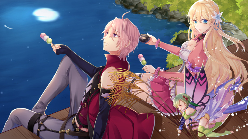 1boy 2girls :d ahoge bad_id bad_pixiv_id barefoot belt blonde_hair blue_eyes character_request closed_eyes cori_(teria_saga) cup dango day detached_sleeves dress fairy flower food frilled_skirt frills green_hair green_legwear grey_pants hair_flower hair_ornament highres long_hair long_sleeves looking_at_another looking_up mini_person minigirl multiple_girls open_mouth outdoors pants pier pink_dress pink_hair pink_skirt puffy_long_sleeves puffy_sleeves purple_eyes sakazuki sanshoku_dango seris_(teria_saga) sirokurodai skirt smile teria_saga thighhighs toeless_legwear wagashi water white_legwear wise_(teria_saga)