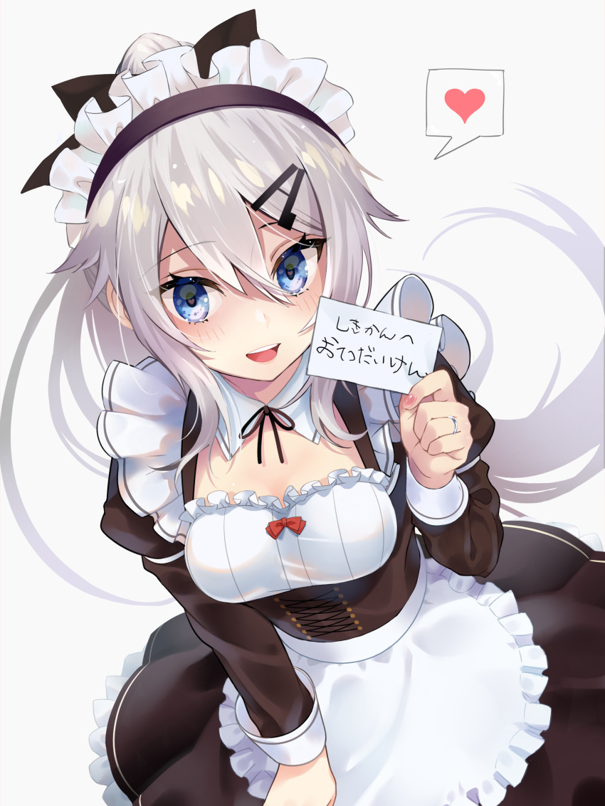 9a-91_(girls'_frontline) absurdres alternate_costume apron black_ribbon blue_eyes blush breasts card commentary_request corset detached_collar dress female frills gen_(gen_m_gen) girls'_frontline hair_between_eyes hair_ornament hairclip heart heart-shaped_pupils highres holding holding_card jewelry long_hair looking_at_viewer maid maid_headdress medium_breasts nail_polish open_mouth pink_nails ribbon ring shaded_face simple_background smile solo spoken_heart symbol-shaped_pupils teeth translated upper_teeth_only very_long_hair wedding_ring white_hair yandere