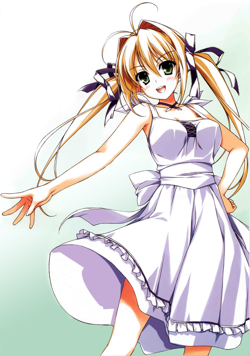 ahoge antenna_hair bare_shoulders blonde_hair breasts dress female frills green_eyes hair_ribbon hand_on_own_hip highres kamiyama_reika kourin_no_machi_lavender_no_shoujo large_breasts long_hair looking_at_viewer open_mouth outstretched_arm photoshop_(medium) ribbon simple_background solo sundress twintails white_dress yuuki_hagure