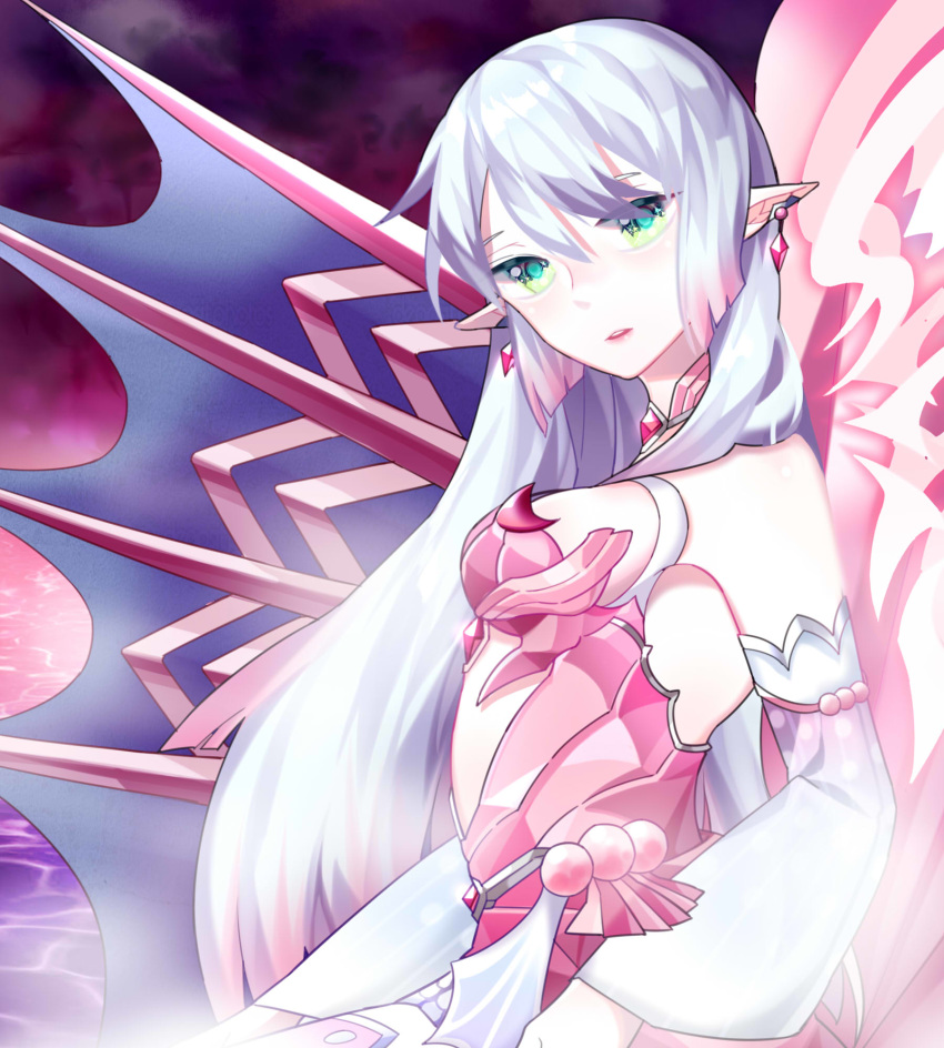 armpits bad_id bad_pixiv_id bare_shoulders chuki_(lydia) commentary_request detached_sleeves earrings elf elsword female green_eyes highres jewelry long_hair mermaid_costume open_mouth pointy_ears rena_erindel sirena_(elsword) water white_hair wings