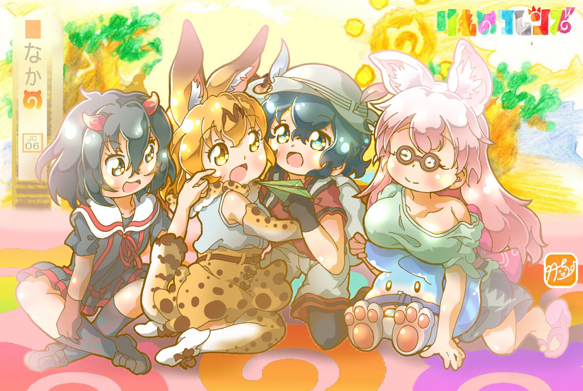 4girls :d ^_^ animal_ears backpack bag black_hair blonde_hair breast_rest breasts cheek_poking closed_eyes commentary_request company_connection copyright_name creator_connection hentatsu highres horns hug japari_symbol kaban_(kemono_friends) kemono_friends krita_(medium) long_hair lucky_beast_(kemono_friends) multiple_girls neko_(hentatsu) off_shoulder oni_(hentatsu) open_mouth paint.net_(medium) paper_airplane pink_hair poking sailor_collar serval_(kemono_friends) serval_print short_hair smile tail takecho