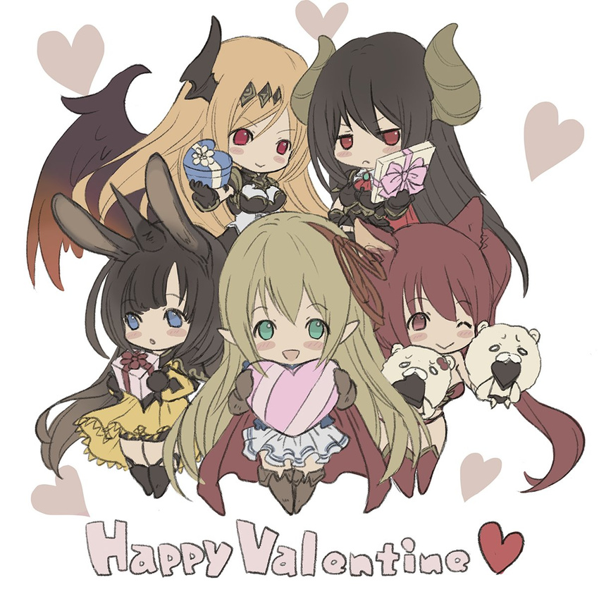 5girls animal_ears arisa_(shadowverse) black_gloves black_hair black_wings blonde_hair blue_eyes blush boots bow box breasts brown_hair cape cerberus_(shingeki_no_bahamut) chocolate closed_mouth commentary_request dark_angel_olivia dog_ears draph elf forte_(shingeki_no_bahamut) frown gift gift_box gloves green_eyes hair_ornament hair_ribbon hand_puppet heart heart-shaped_box highres horns long_hair looking_at_viewer medium_breasts moon_al-mi'raj multiple_girls one_eye_closed pointy_ears puppet red_eyes red_hair ribbon shadowverse shingeki_no_bahamut single_horn skirt smile tachikawa_mushimaro twintails valentine white_background wings