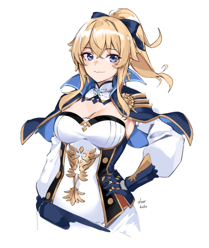 artist_name blonde_hair blue_bow blue_capelet blue_eyes blue_gloves bow breasts capelet cleavage commentary corset cross cross_earrings detached_sleeves earrings female genshin_impact gloves hairbow hand_on_own_hip highres jean_(genshin_impact) jewelry long_hair looking_at_viewer medium_breasts oliver_koito ponytail sidelocks signature simple_background smile solo strapless upper_body white_background