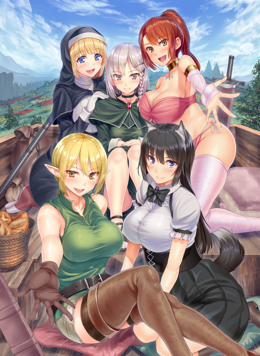 5girls :d aina_(isekai_harem_monogatari) animal_ears armlet baguette bandeau bare_shoulders beckoning belt blue_sky blunt_bangs blush boots bow bowtie braid bread breasts brooch capelet choker cleavage collarbone commentary_request corset day elbow_gloves elf filia_shiora fingerless_gloves food foreshortening gloves habit hair_ornament hairclip high-waist_skirt highres isekai_harem_monogatari jewelry large_breasts llusse long_hair looking_at_viewer mila_micola multiple_girls necklace novel_illustration nun official_art open_mouth outdoors pointy_ears ponytail shirt short_hair side_braid sitting skindentation skirt sky sleeveless sleeveless_shirt smile sword tachibana_omina tail thigh_boots thighhighs thighhighs_under_boots tianne_rutheim weapon white_gloves