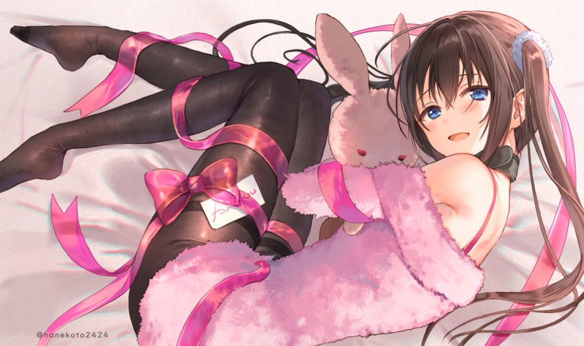 bare_shoulders bed_sheet black_pantyhose blue_eyes brown_hair collar commentary_request feet female fur hair_ornament hanekoto hugging_doll hugging_object imouto_(hanekoto) long_hair looking_at_viewer looking_to_the_side lying no_shoes off-shoulder_shirt off_shoulder on_side open_mouth original pantyhose pink_shirt plantar_flexion red_ribbon ribbon shirt sidelocks smile solo stuffed_animal stuffed_rabbit stuffed_toy thighband_pantyhose twintails twitter_username