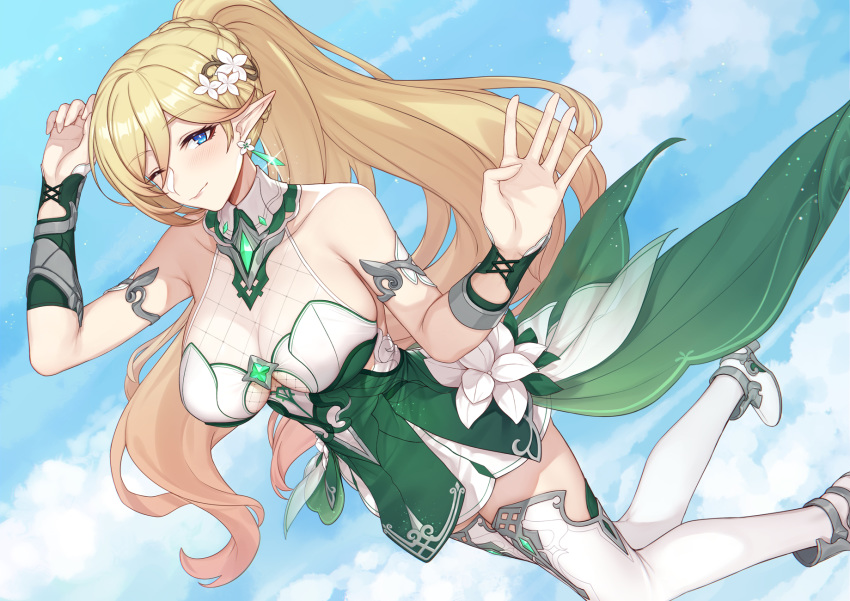 aqua_eyes bianka_durandal_ataegina blonde_hair blush boots braids breasts cleavage clouds dress evan_yang honkai_impact long_hair pointed_ears see_through sky thighhighs wink wristwear