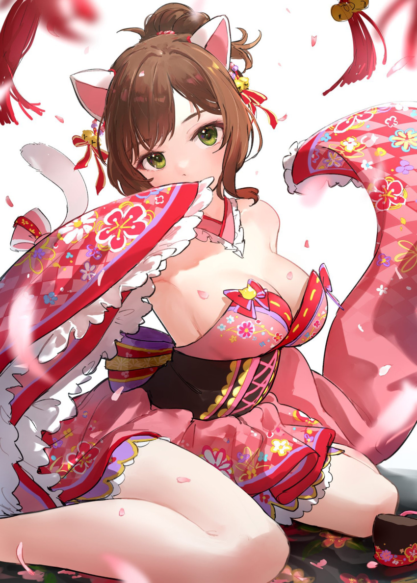 animal_ears bare_shoulders bell blush breasts brown_hair cat_ears cat_tail cleavage collarbone corset detached_collar detached_sleeves dress female floral_print green_eyes hair_ribbon highres idolmaster idolmaster_cinderella_girls jingle_bell large_breasts looking_at_viewer maekawa_miku pink_dress ponytail ribbon short_dress short_hair sidelocks sitting smile solo swept_bangs tail takeashiro thighs wariza wide_sleeves