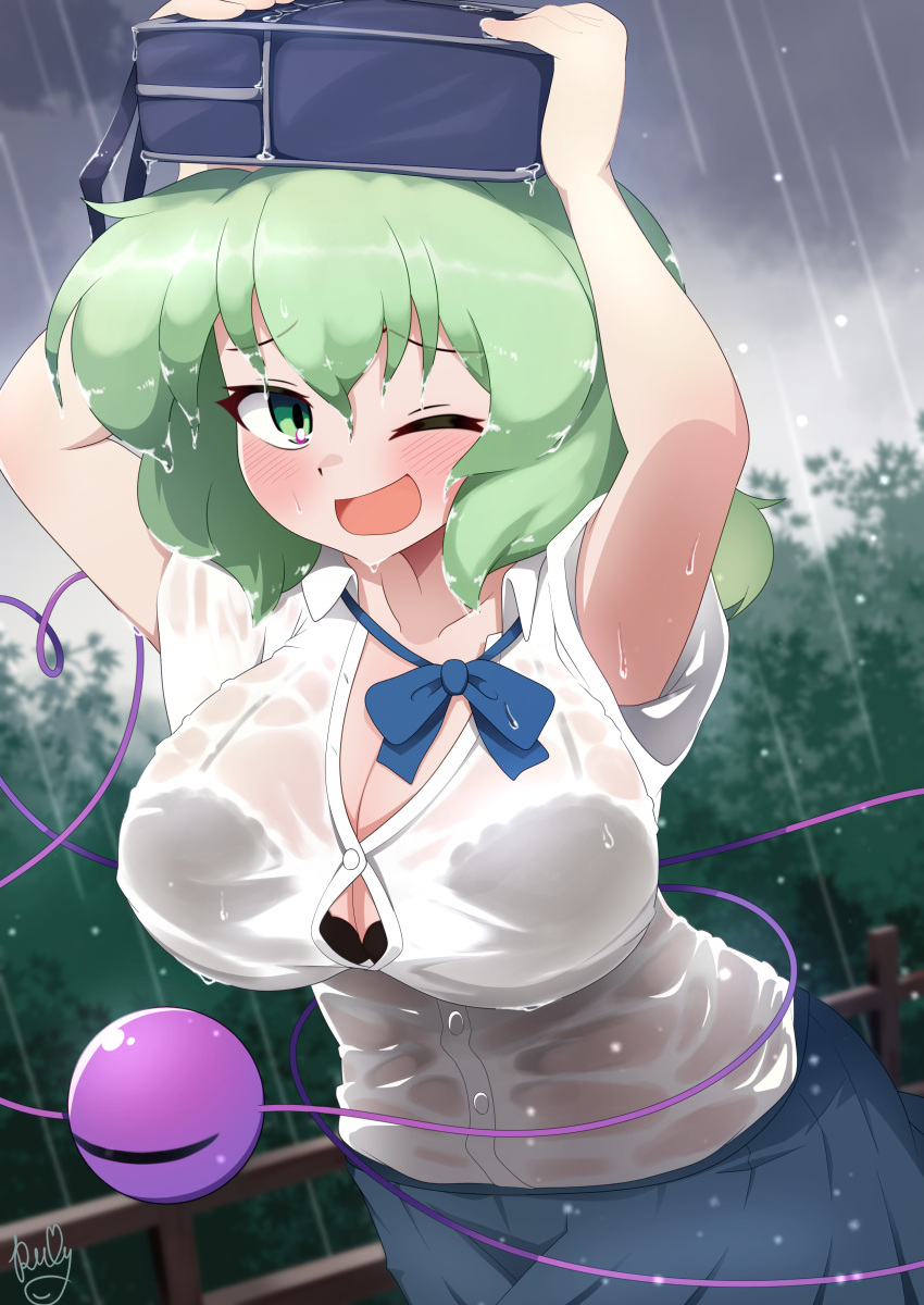 ;d absurdres alternate_costume bag black_bra blue_bow blue_bowtie blue_skirt bow bowtie bra breasts button_gap cleavage cloud cloudy_sky commentary_request female green_eyes green_hair heart heart_of_string highres komeiji_koishi large_breasts looking_at_viewer one_eye_closed outdoors polyhedron2 rain see-through shirt short_hair short_sleeves signature skirt sky smile solo third_eye touhou underwear wet wet_clothes white_shirt