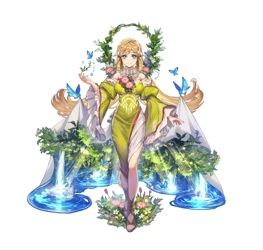 absurdres animal bird blonde_hair blue_eyes breasts bug butterfly closed_mouth commentary_request dress female fire_emblem fire_emblem_heroes flower full_body grass green_dress hair_ornament highres long_hair looking_at_viewer medium_breasts nijihayashi official_art puffy_sleeves simple_background smile solo standing toeless_footwear toes turtleneck water water_drop white_background wide_sleeves ymir_(fire_emblem_heroes)