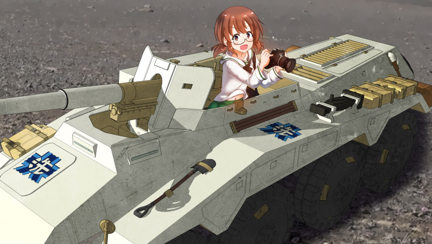 armored_vehicle blush brown_hair camera emblem female girls_und_panzer glasses ground_vehicle highres jerry_can looking_at_viewer looking_to_the_side midriff military military_vehicle navel ooarai_(emblem) ooarai_school_uniform open_mouth ou_taiga school_uniform semi-rimless_eyewear short_twintails shovel solo twintails under-rim_eyewear