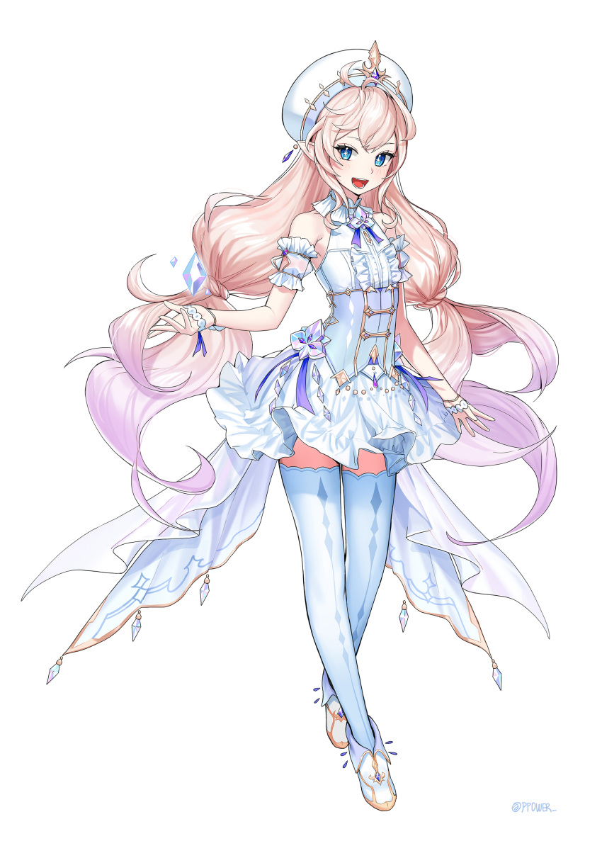 +_+ :d absurdres armband bare_shoulders blonde_hair blue_eyes center_frills corset crossed_legs dress elsword female flat_chest frills full_body gradient_hair highres long_hair looking_at_viewer low_twintails luciela_r._sourcream multicolored_hair open_mouth photoshop_(medium) pointy_ears ppower_(lu_power) purple_hair simple_background sleeveless sleeveless_dress smile solo thighhighs twintails two-tone_hair very_long_hair watson_cross white_background white_dress white_footwear zettai_ryouiki