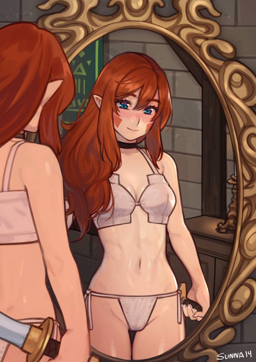 absurdres bad_id bad_twitter_id blue_eyes blush bra choker closed_mouth elf female highres holding holding_weapon inactive_account indoors long_hair looking_at_viewer mirror navel original panties pointy_ears red_hair reflection side-tie_panties smile solo sunna_(nilsunna) underwear underwear_only weapon white_bra white_panties