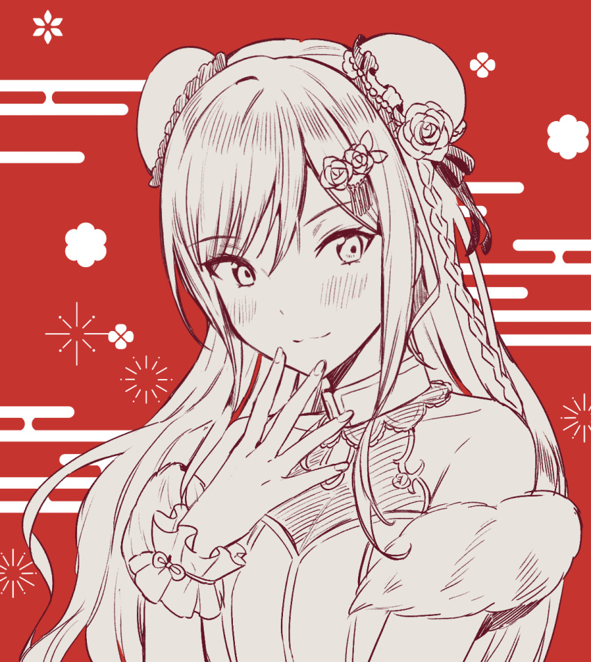 bang_dream! bare_shoulders blush braid bun_cover closed_mouth commentary double_bun dress egasumi female flower hair_between_eyes hair_bun hair_flower hair_ornament hand_up highres imai_lisa long_hair looking_at_viewer monochrome red_background rose sleeveless sleeveless_dress smile solo tiny_(tini3030) upper_body very_long_hair wrist_cuffs