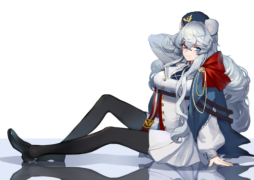 absurdres animal_ears arknights bear_ears black_pantyhose blue_eyes chinese_commentary commentary dress female hand_in_own_hair hat heterochromia highres long_hair pantyhose photoshop_(medium) red_eyes reflective_floor rosa_(arknights) sitting smile solo tuziki_sang white_background white_hair