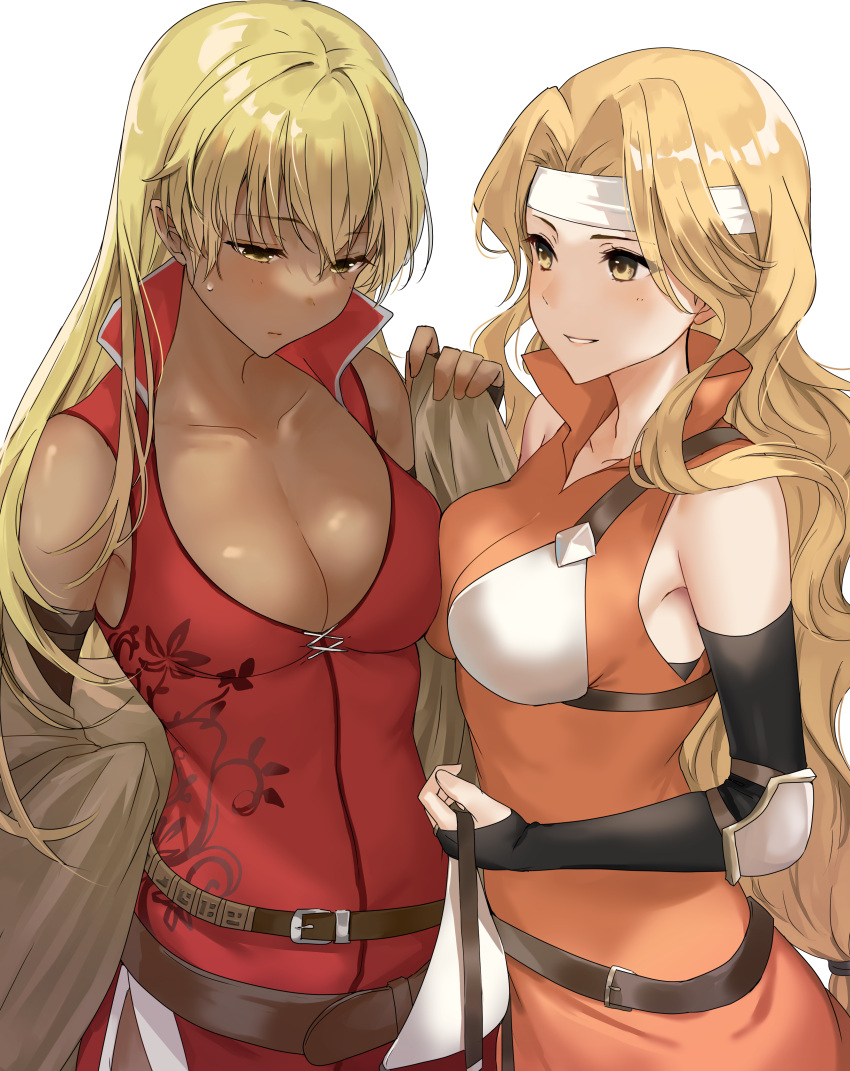 2girls absurdres black_gloves blonde_hair blush breast_press breasts brigid_(fire_emblem) cape chest_guard cleavage commission commissioner_upload dark-skinned_female dark_skin dress elbow_gloves english_commentary fingerless_gloves fire_emblem fire_emblem:_genealogy_of_the_holy_war fire_emblem:_the_binding_blade gloves haru_(nakajou-28) headband highres holding igrene_(fire_emblem) large_breasts long_hair mixed-language_commentary multiple_girls red_dress skeb_commission smile yellow_eyes