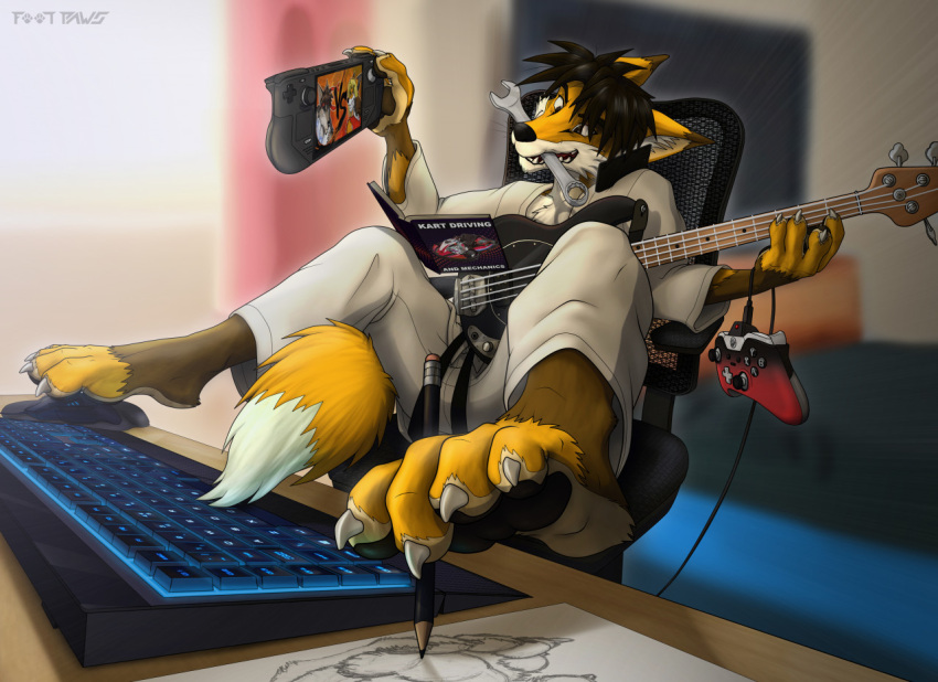 2021 4_toes anthro barefoot bedroom black_nose book brown_eyes brown_hair brown_pawpads canid canine cellphone claws controller digital_media_(artwork) drawing electronics feet fluffy fluffy_tail foot-paws foot_focus foreshortening fox fur game_controller guitar hair keikogi keyboard male mammal martial_arts_uniform microsoft multicolored_body multicolored_fur multitasking musical_instrument object_in_mouth pawpads paws pencil_(object) phone plucked_string_instrument sitting solo sportswear steam_deck string_instrument tail toes whiskers writing_utensil xbox xbox_controller xbox_game_studios