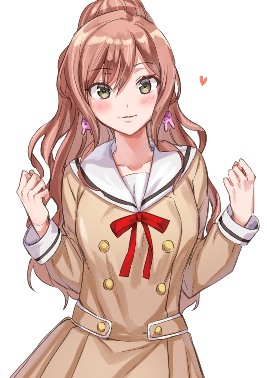 absurdres bang_dream! blush bow breasts brown_dress brown_eyes brown_hair commentary_request dress earrings female hair_between_eyes hanasakigawa_school_uniform hands_up heart high_ponytail highres imai_lisa jewelry long_hair long_sleeves looking_at_viewer parted_lips ponytail rabbit_earrings red_bow sailor_collar sailor_dress school_uniform simple_background small_breasts solo tiny_(tini3030) very_long_hair white_background white_sailor_collar