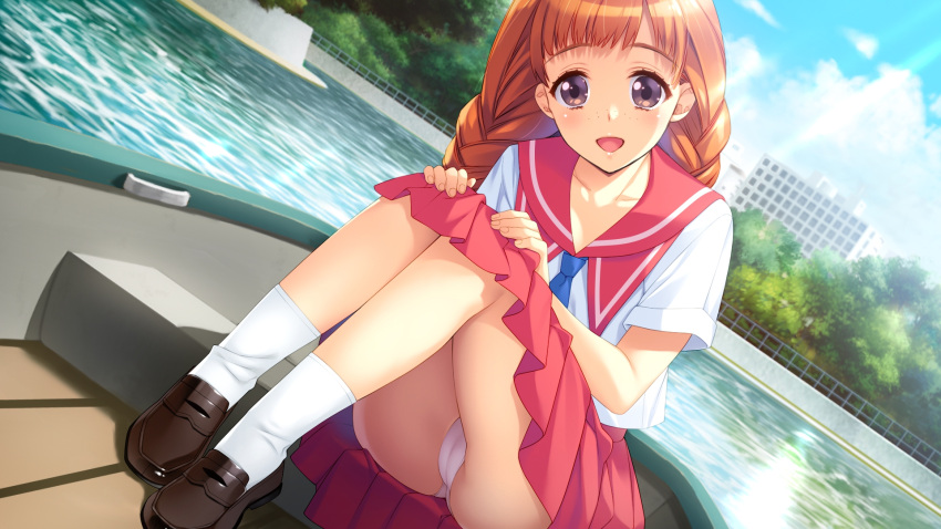 :d blue_neckwear blue_sky blush boat braid brown_eyes brown_footwear cameltoe cloud collared_shirt day doukyuusei female game_cg hands_on_own_knees highres loafers long_hair looking_at_viewer miniskirt nishina_kurumi open_mouth orange_hair outdoors panties pantyshot pleated_skirt red_sailor_collar red_skirt sailor_collar sailor_shirt school_uniform serafuku shirt shoes short_sleeves skirt sky smile socks solo sumeragi_kohaku sunlight twin_braids underwear water watercraft white_panties white_shirt white_socks