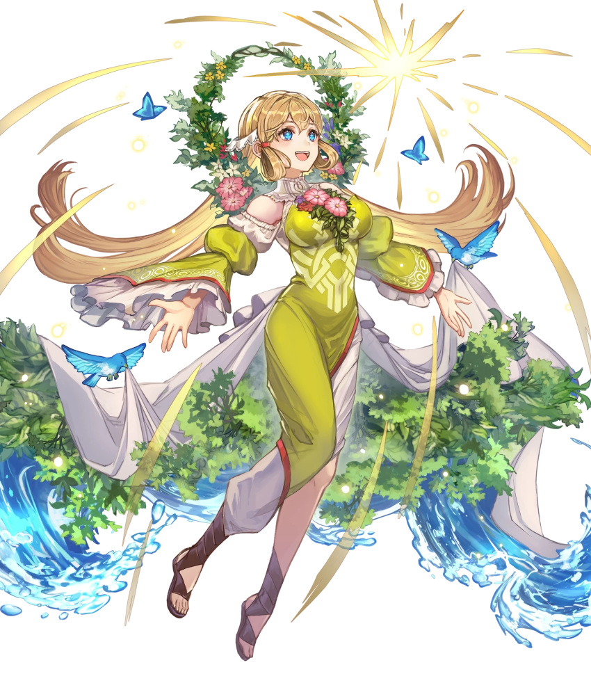 animal bird blonde_hair blue_eyes breasts bug butterfly dress female fire_emblem fire_emblem_heroes flower full_body green_dress hair_ornament highres long_hair medium_breasts nijihayashi non-web_source official_art open_mouth outstretched_arms petals puffy_sleeves smile spread_arms teeth toeless_footwear toes transparent_background turtleneck water water_drop wide_sleeves ymir_(fire_emblem_heroes)