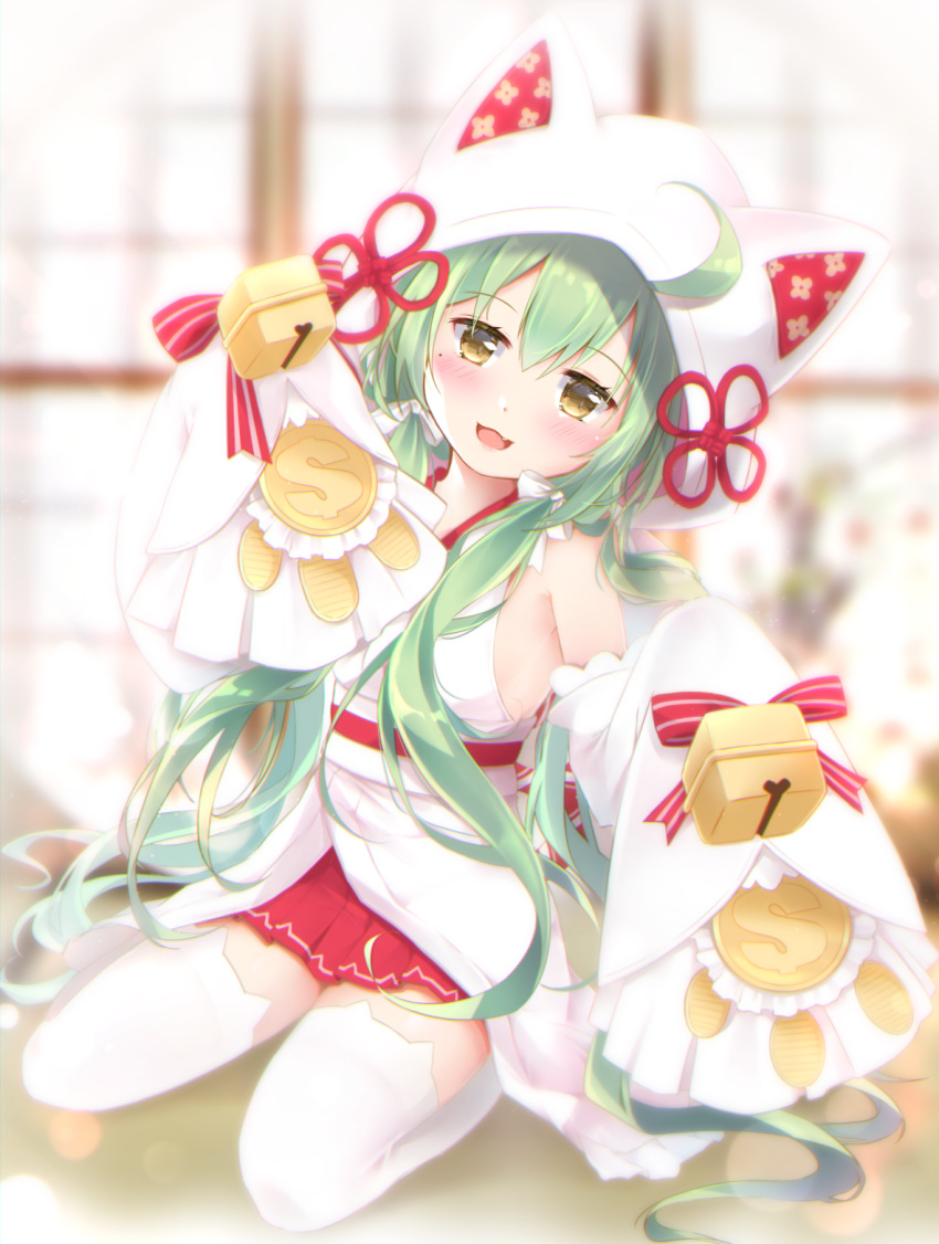 :3 :d akashi_(azur_lane) akashi_(white_cat's_repayment)_(azur_lane) armpits azur_lane bell blurry commentary_request depth_of_field detached_sleeves dollar_sign dress female green_hair head_tilt highres hood japanese_clothes kimono long_hair looking_at_viewer maya_(tirolpop) mole mole_under_eye official_alternate_costume open_mouth paw_print pleated_skirt seiza sitting skirt sleeves_past_wrists smile solo thighhighs tri_tails uchikake wataboushi wedding_dress white_thighhighs wide_sleeves yellow_eyes zettai_ryouiki