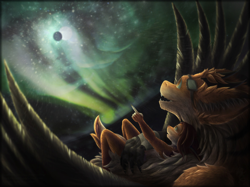 4:3 5_fingers absurd_res anthro aurora_(phenomenon) avian biped brown_body brown_fur brown_hair brown_nose canid canine claws daniel156161_(character) detailed_background digital_drawing_(artwork) digital_media_(artwork) digitigrade dragon dragon-noir feet female fingerless_(marking) fingers fox fur green_claws green_inner_ear_fluff gryphon hair hand_on_belly head_tuft hi_res inner_ear_fluff lara_(daniel156161) laying_on_top lying_on_ground magic mammal moon multicolored_body multicolored_fur multicolored_tail mythological_avian mythological_creature mythological_scalie mythology night on_ground orange_eyes scalie short_hair tail tail_tuft tan_body tan_fur toe_claws tuft white_body white_fur