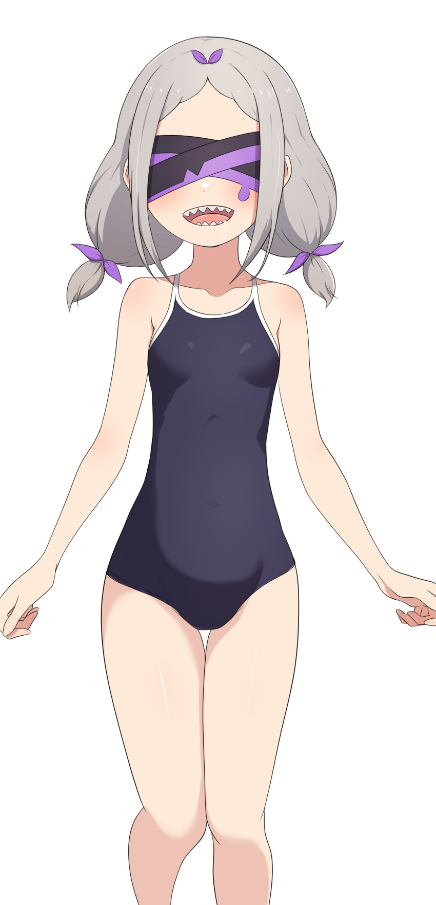 absurdres alternate_costume bare_arms bare_shoulders black_blindfold blindfold bow breasts camui1104 commentary competition_school_swimsuit covered_eyes daphne_(re:zero) facing_viewer female grey_hair hairbow highres long_hair low_twintails one-piece_swimsuit open_mouth parted_bangs purple_bow re:zero_kara_hajimeru_isekai_seikatsu re:zero_kara_hajimeru_isekai_seikatsu:_lost_in_memories school_swimsuit small_breasts solo swimsuit teeth twintails