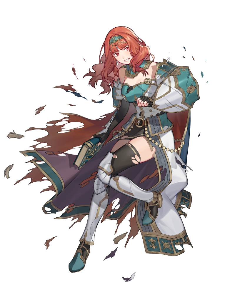 armor armored_boots bare_shoulders belt book boots breastplate broken_armor broken_shield cape celica_(fire_emblem) celica_(fire_emblem)_(valentia's_hope) clenched_teeth dress earrings elbow_gloves female fingerless_gloves fire_emblem fire_emblem_echoes:_shadows_of_valentia fire_emblem_heroes full_body gloves gold_trim hairband high_heels highres holding holding_book jewelry leg_up long_hair looking_away non-web_source noy official_art overskirt parted_lips red_eyes red_hair shield skirt solo strapless strapless_dress teeth thighhighs thighs torn_cape torn_clothes torn_thighhighs transparent_background zettai_ryouiki