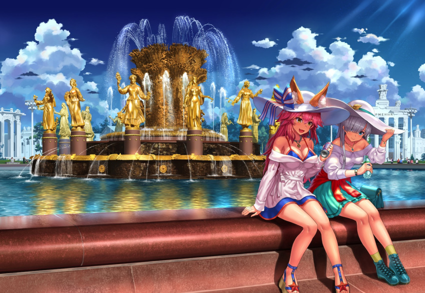 2girls anastasia_(fate) animal_ear_fluff animal_ears architecture bare_shoulders blue_dress blue_eyes blue_skirt blue_sky blush bottle breasts cleavage cloud commentary_request contemporary day dress ears_through_headwear fate/extra fate/grand_order fate_(series) fountain fox_ears fox_girl fox_tail grey_hair hair_over_one_eye hat large_breasts layered_dress legs long_hair long_sleeves moscow multiple_girls npcpepper outdoors pink_hair real_world_location russia shirt sitting skirt sky smile sun_hat tail tamamo_(fate) tamamo_no_mae_(fate/extra) water white_dress white_headwear white_shirt yellow_eyes