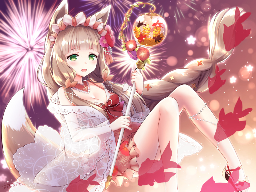 :d aerial_fireworks animal_ear_fluff animal_ears black_footwear blunt_bangs blush braid breasts brown_dress brown_hair brown_ribbon cleavage commentary_request dress dress_swimsuit eyebrows_hidden_by_hair feet_out_of_frame female fireworks floral_print fox_ears fox_girl fox_tail frilled_dress frills green_eyes hair_ribbon highres holding holding_staff knees_together_feet_apart knees_up long_hair long_sleeves looking_at_viewer maho_(princess_connect!) maho_(summer)_(princess_connect!) oerba_yun_fang omoomomo open_clothes open_mouth partial_commentary princess_connect! print_dress ribbon see-through shoes single_braid smile solo staff tail very_long_hair wide_sleeves