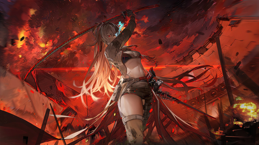 absurdres alpha_(punishing:_gray_raven) asymmetrical_legwear black_bra black_shorts bra breasts cleavage female flaming_eye glowing glowing_eye grey_jacket hair_ribbon highres holding holding_sword holding_weapon jacket katana long_hair long_sleeves lucia:_crimson_weave_(punishing:_gray_raven) medium_breasts navel ponytail punishing:_gray_raven red_eyes ribbon shorts sword thigh_strap underwear weapon white_hair yanderenasa