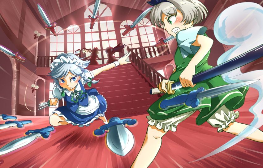 4girls apron backlighting bat_wings battle between_fingers bloomers blue_eyes blue_skirt blue_vest bob_cut calcmis_gowa clenched_teeth commentary_request constricted_pupils expressionless feet_out_of_frame flandre_scarlet glint green_eyes green_skirt green_vest grey_hair hair_ribbon hand_on_hilt highres holding holding_knife indoors izayoi_sakuya knife konpaku_youmu konpaku_youmu_(ghost) looking_at_another maid_headdress motion_blur multiple_girls outstretched_arm puffy_short_sleeves puffy_sleeves remilia_scarlet ribbon running scarlet_devil_mansion shirt short_hair short_sleeves sideways_mouth silhouette skirt stairs standing sword teeth throwing_knife touhou underwear vest waist_apron wall_lamp weapon white_shirt window wings wrist_cuffs