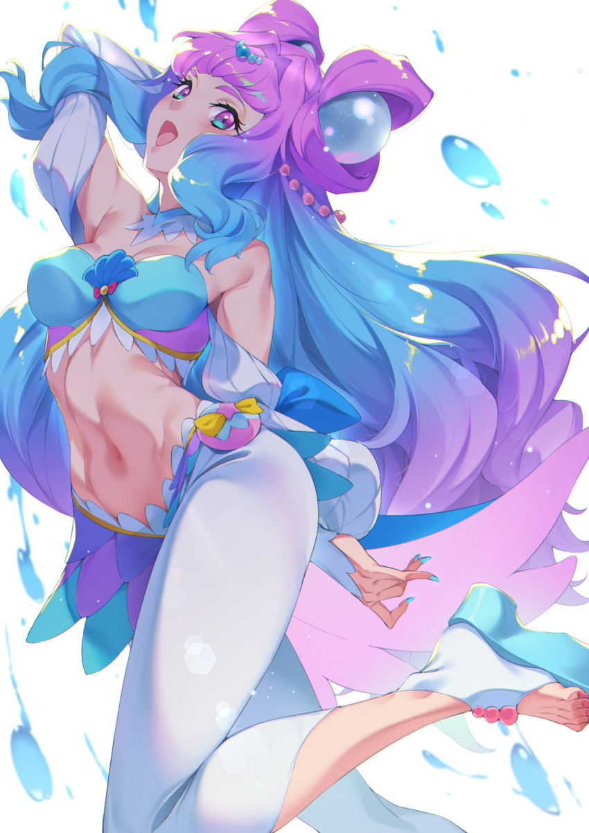 :d blue_eyes blue_hair breasts commentary cure_la_mer eyelash_ornament female gradient_hair highres laura_la_mer long_hair looking_at_viewer magical_girl medium_breasts midriff multicolored_eyes multicolored_hair navel open_mouth precure purple_eyes purple_hair smile solo standing sugarbeat symbol-only_commentary tropical-rouge!_precure