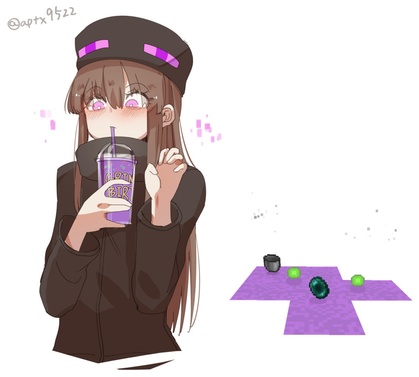 ander_(at2.) at2. black_headwear blush brown_hair bucket closed_mouth cup disposable_cup drinking_straw ender_pearl enderman english_commentary female grimace_shake_(meme) holding holding_cup long_hair long_sleeves meme milkshake minecraft personification purple_eyes purple_liquid solo