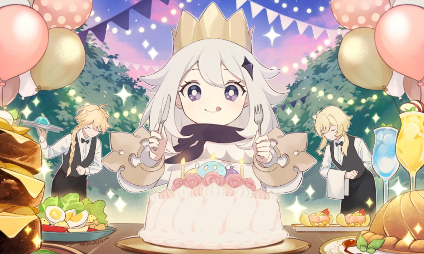 "pile_'em_up"_(genshin_impact) 1boy 2girls aether_(genshin_impact) apple_juice bad_id bad_twitter_id balloon birthday birthday_cake blonde_hair blue_eyes braid braided_ponytail brother_and_sister cake candle closed_eyes crispy_potato_shrimp_platter_(genshin_impact) crown cup drinking_glass egg food fork genshin_impact highres holding holding_fork holding_knife juice knife licking_lips lumine_(genshin_impact) moon_pie_(genshin_impact) multiple_girls night night_sky paimon_(genshin_impact) pie plate satisfying_salad_(genshin_impact) siblings sky slime_(genshin_impact) smile sui25jiyuu tongue tongue_out tree white_hair