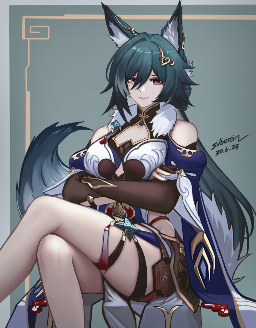 absurdres animal_ear_fluff animal_ears bare_legs bare_shoulders blue_hair breasts crossed_arms crossed_legs feet_out_of_frame female fox_ears fox_tail hair_between_eyes hair_ornament highres honkai:_star_rail honkai_(series) large_breasts long_hair looking_at_viewer purple_eyes silberein sitting smile solo tail thighs very_long_hair yukong_(honkai:_star_rail)