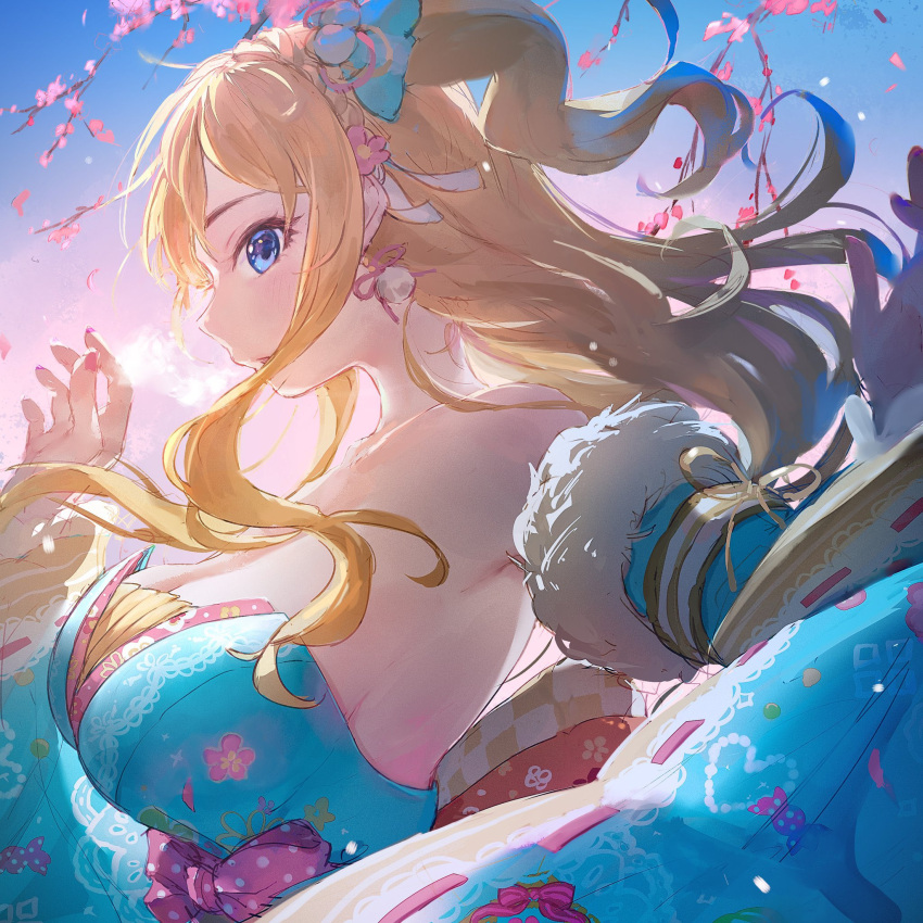 backlighting bare_shoulders blonde_hair blue_dress blue_eyes blush breasts cleavage dress female highres idolmaster idolmaster_cinderella_girls large_breasts long_hair looking_at_viewer ohtsuki_yui one_side_up open_mouth solo takeashiro wavy_hair