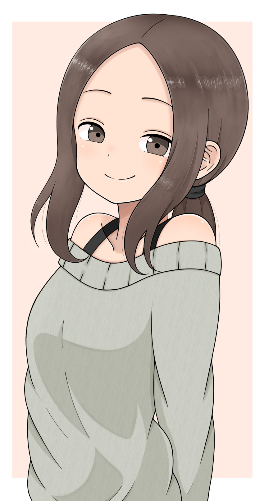 absurdres aged_up bad_id bad_pixiv_id bare_shoulders blush bra_strap brown_eyes brown_hair commentary female forehead highres ito_kashiwamochi karakai_jouzu_no_(moto)_takagi-san karakai_jouzu_no_takagi-san ponytail short_hair simple_background smile solo sweater takagi-san white_background