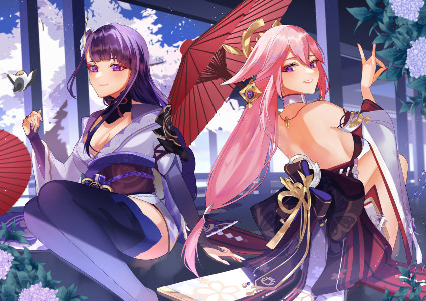 2girls back bare_shoulders bird breasts fingerless_gloves genshin_impact gloves highres japanese_clothes kimono long_sleeves looking_at_viewer multiple_girls natsuki_yoru nontraditional_miko pink_hair purple_eyes purple_hair raiden_shogun sideboob smile tree umbrella yae_miko