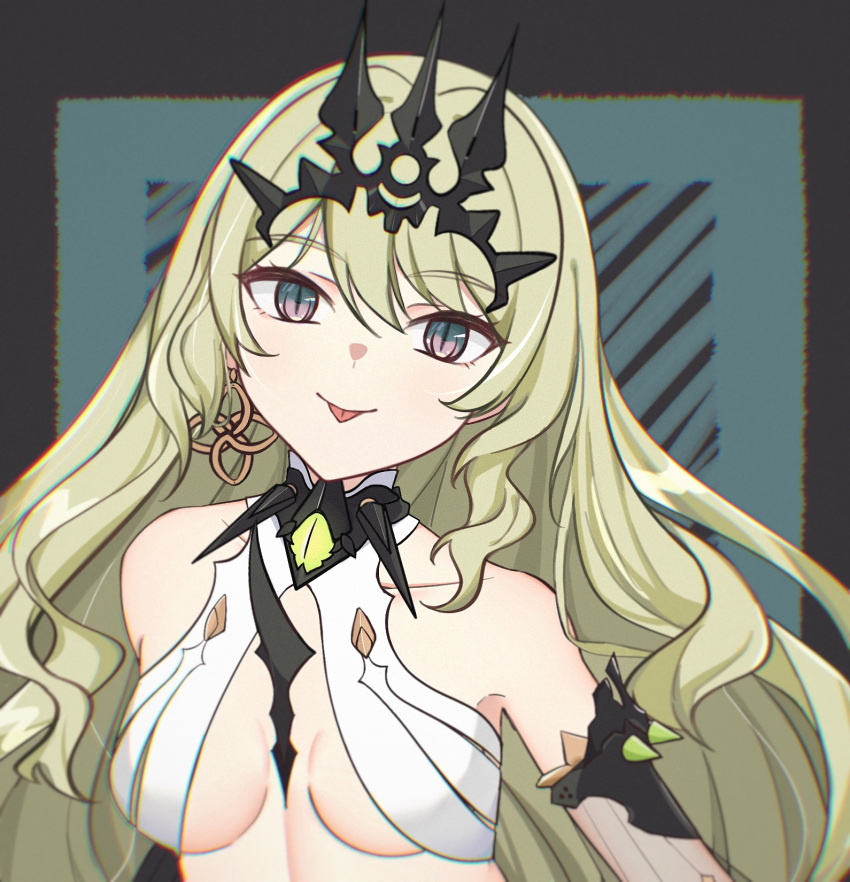 bare_shoulders black_border blue_background border breasts cleavage closed_mouth crown dress earrings female green_eyes green_hair highres honkai_(series) honkai_impact_3rd jewelry long_hair mobius_(honkai_impact) qian_xii see-through see-through_sleeves single_earring sleeveless sleeveless_dress smile solo tongue tongue_out wavy_hair