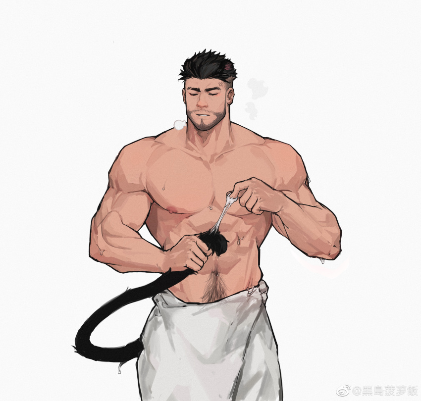 1boy abs absurdres anger_vein animal_ears bad_id bad_weibo_id bara beard breath cat_boy cat_ears cat_tail cowboy_shot facial_hair highres kuro_(kuroshima_kurishiro) kuroshima_kurishiro_(muyi24108414) large_pectorals male_focus mature_male muscular muscular_male naked_towel navel navel_hair nipples original pectorals short_hair solo stomach tail topless_male towel wet white_background