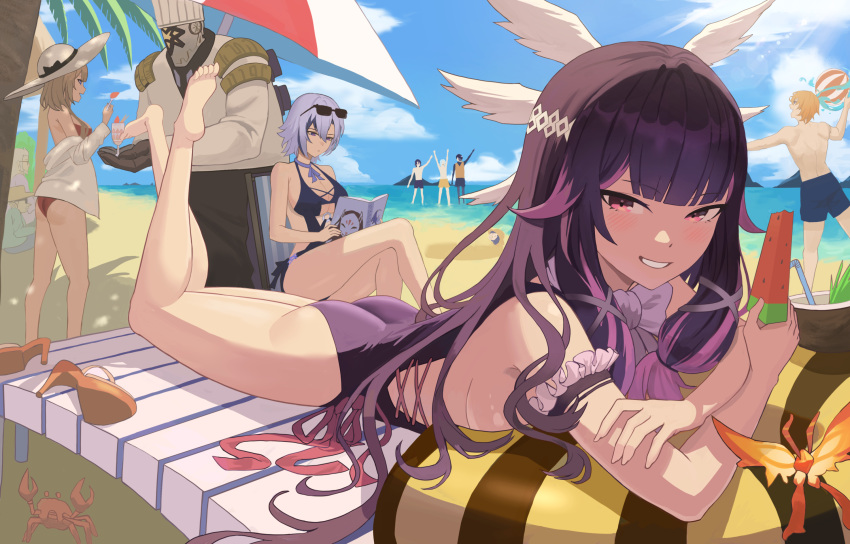 3boys 3girls arlecchino_(genshin_impact) ass ball bare_shoulders barefoot beach beachball blue_sky blush book breasts cloud columbina_(genshin_impact) crab crossed_legs day eyewear_on_head feet_up food fruit genshin_impact hair_ornament high_heels highres hime_cut legs looking_at_viewer lying male_swimwear md5_mismatch multicolored_hair multiple_boys multiple_girls on_stomach one-piece_swimsuit oro_(lsg0624) outdoors pink_hair pointy_ears purple_hair reading sandrone_(genshin_impact) sitting sky smile swim_trunks swimsuit symbol-shaped_pupils tartaglia_(genshin_impact) the_pose toes two-tone_hair watermelon x-shaped_pupils