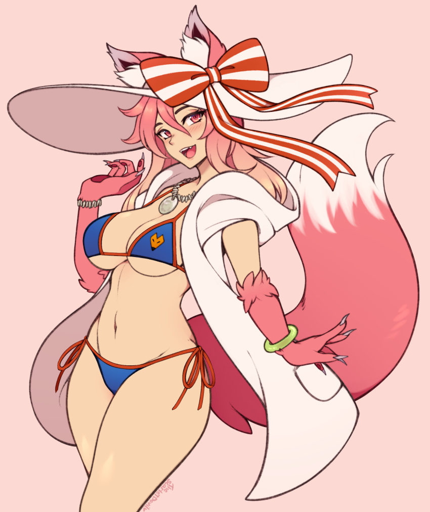 :d absurdres animal_ear_fluff animal_ears animal_hands artist_name bikini blue_bikini bow bracelet breasts claws cleavage commentary commission cosplay cowboy_shot ears_through_headwear english_commentary fate/grand_order fate_(series) female fox_ears fox_girl fox_tail fur groin hair_between_eyes halterneck hat highres jewelry large_hat long_hair looking_at_viewer monster_girl navel necklace oerba_yun_fang open_mouth original pink_background pink_fur pink_hair red_bow red_eyes side-tie_bikini_bottom simple_background smile solo string_bikini striped striped_bow sun_hat swimsuit tail tamamo_(fate) tamamo_no_mae_(swimsuit_lancer)_(fate) tamamo_no_mae_(swimsuit_lancer)_(fate)_(cosplay) tamamo_no_mae_(swimsuit_lancer)_(third_ascension)_(fate) the_scarlet_devil two-tone_bow white_bow white_hat