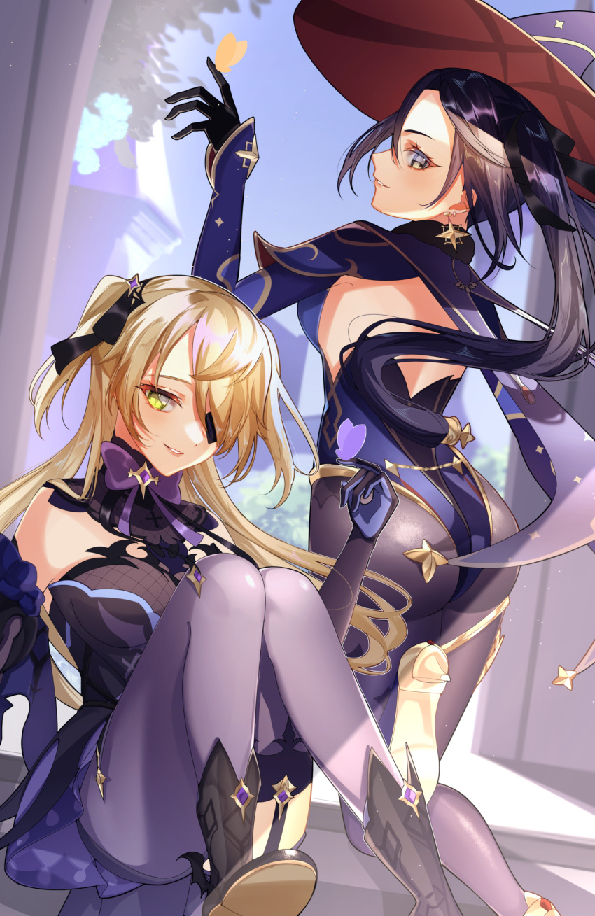 2girls ass blonde_hair dress earrings eyepatch fischl_(genshin_impact) genshin_impact gloves green_eyes hair_ornament hat high_heels highres jewelry leotard long_sleeves mona_(genshin_impact) multiple_girls natsuki_yoru pantyhose purple_hair smile twintails witch_hat