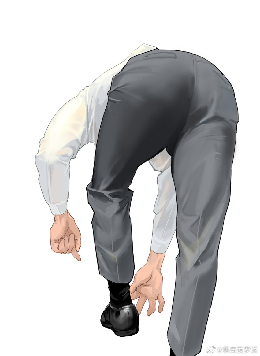 1boy adjusting_footwear adjusting_sock ass ass_focus bad_id bad_weibo_id formal from_behind full_body grey_pants highres kuroshima_kurishiro_(muyi24108414) leaning_forward leather_footwear male_focus original pants salaryman shirt solo white_background white_shirt