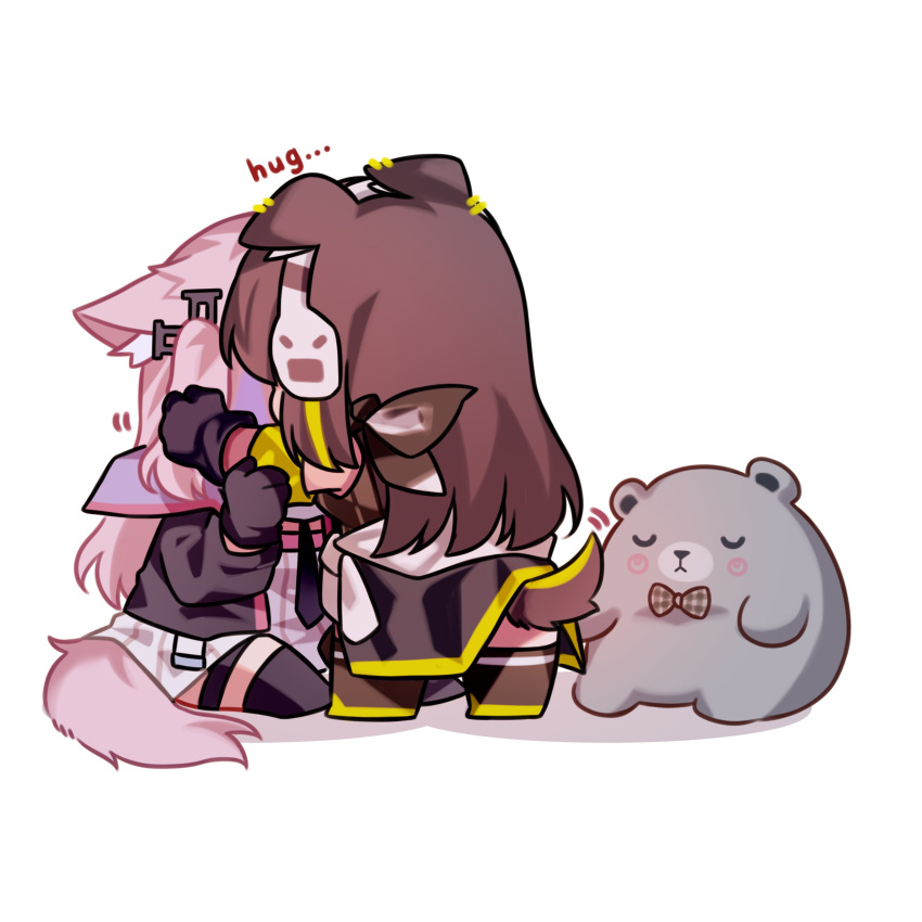 2girls absurdres animal_ears armband black_gloves brown_hair chibi dog_ears dog_girl dog_tail girls'_frontline gloves green_hair headphones highres hug jacket long_hair long_sleeves m4a1_(girls'_frontline) multicolored_hair multiple_girls pink_hair simple_background sitting st_ar-15_(girls'_frontline) standing streaked_hair stuffed_animal stuffed_toy tail white_background yuutama2804