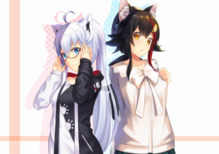 2girls adjusting_eyewear ahoge alternate_hairstyle animal_ear_fluff animal_ears arms_up bespectacled black_hair blue_eyes bow casual collarbone commentary_request cosplay costume_switch drawstring extra_ears fox_ears fox_girl glasses green_skirt hair_ribbon hololive hood hood_down hoodie jacket long_hair looking_at_another luupechi multicolored_hair multiple_girls official_alternate_costume ookami_mio ookami_mio_(casual) ookami_mio_(cosplay) open_mouth paw_print polka_dot_shadow red-framed_eyewear red_hair ribbon shadow shirakami_fubuki shirakami_fubuki_(cosplay) shirakami_fubuki_(street) sidelocks skirt smile streaked_hair upper_body very_long_hair virtual_youtuber white_bow white_hair white_jacket wolf_girl