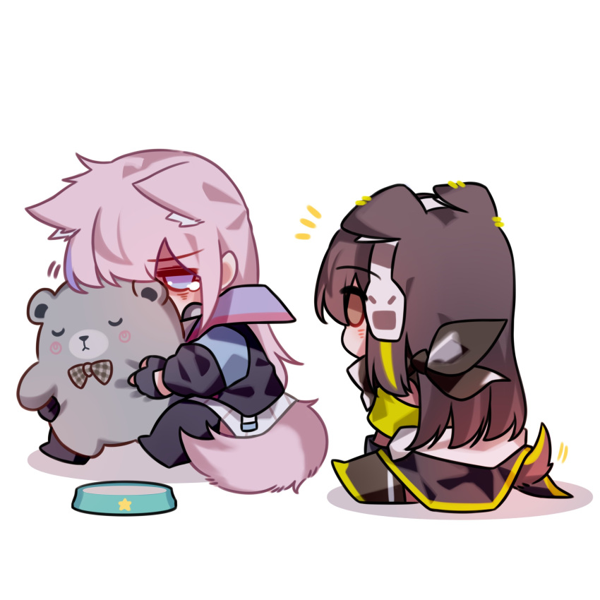 2girls absurdres animal_ears armband black_gloves bowl brown_eyes brown_hair chibi dog_ears dog_girl dog_tail girls'_frontline gloves green_hair headphones highres hugging_object jacket long_hair long_sleeves m4a1_(girls'_frontline) multicolored_hair multiple_girls pet_bowl pink_hair purple_eyes simple_background sitting st_ar-15_(girls'_frontline) streaked_hair stuffed_animal stuffed_toy tail white_background yuutama2804